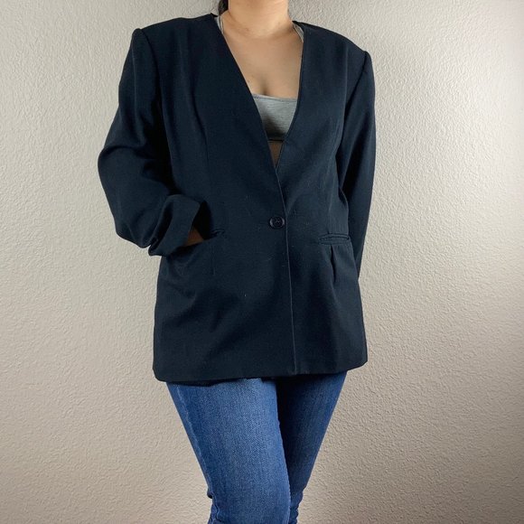 80s Vintage Russ Collectibles ILGWU Collarless Black Blazer - L - Picture 2 of 5